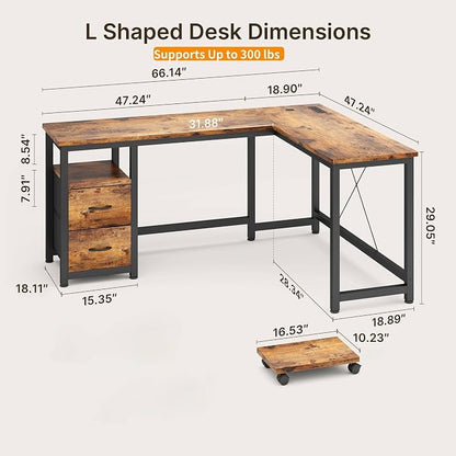 Gizoon 66 Inch L Shaped Home Office Desk with Power Outlets, Reversible Corner Computer Gaming Table with Large Drawers & CPU Stand, Rustic Brown
