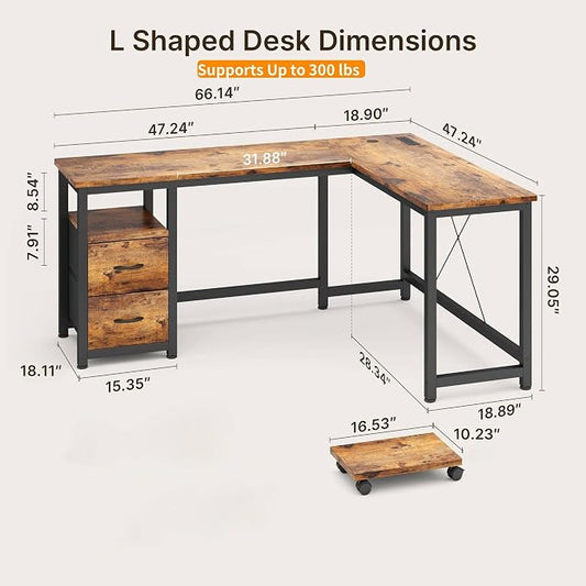 Gizoon 66 Inch L Shaped Home Office Desk with Power Outlets, Reversible Corner Computer Gaming Table with Large Drawers & CPU Stand, Rustic Brown