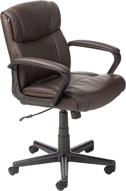 Amazon Basics Office Task Chair with Adjustable Height, 360° Swivel, Padded Armrests, Mid-Back, Rolling, 275 Pound Capacity, 24"D x 24.2"W x 34.8"H, BIFMA Certified, Dark Brown Faux Leather