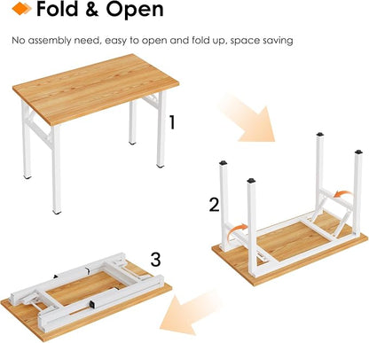 Need 35.8 Inch Folding Desk for Small Spaces, Home Office Computer Desk with Teak Wood Top & White Frame, Foldable Writing Table for Study, Bedroom, Dorm Room & Student