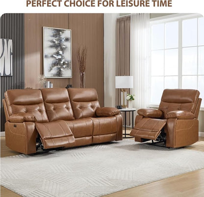 CANMOV Genuine Leather Power Recliner Sofa Set,Two Power Recliner Chair and Sofa Set, 3 Pieces Leather Couch with Hidden Cup Holders, USB Ports, for Living Room, Brown