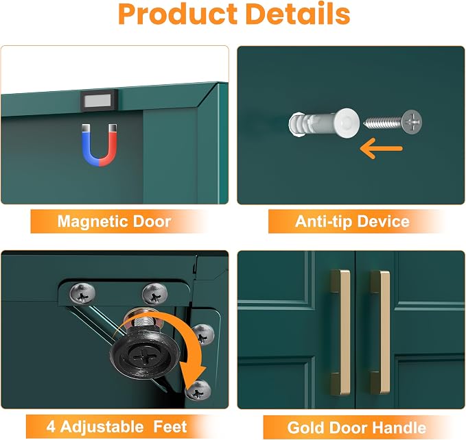 71" Metal Pantry Cabinet,Storage Cabinet with Doors and Shelves | Metal Storage Cabinet,Gold Handles,Adjustable Shelves,Magnetic Doors,Leveling Feet,Anti-tipping,for Kitchen/Garage Green