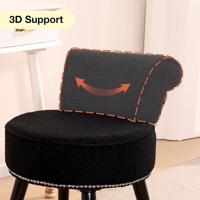 Vanity Chair with Back, Sherpa Stool with Tufted Backrest & Sliver Nailhead Trim, Round Vanity Seat for Bedroom and Bathroom Makeup, Support 220lbs, Easy Assembly (Teddy Black)