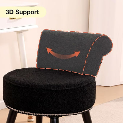 Vanity Chair with Back, Sherpa Stool with Tufted Backrest & Sliver Nailhead Trim, Round Vanity Seat for Bedroom and Bathroom Makeup, Support 220lbs, Easy Assembly (Teddy Black)
