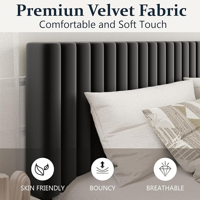 HAOARA Full Size Platform Bed Frame with Velvet Upholstered Headboard, Full Bed Frame with Strong Wood Slats, Mattress Foundation, Box Spring Optional, Easy Assembly, Black