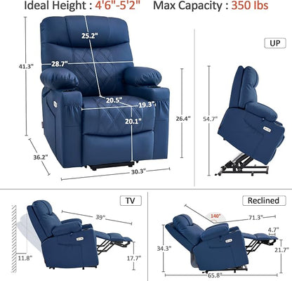 MCombo Small Power Lift Recliner Chair Sofa with Massage and Dual Heating, Adjustable Headrest for Elderly People Petite, USB Ports, Faux Leather 7111 (Blue)
