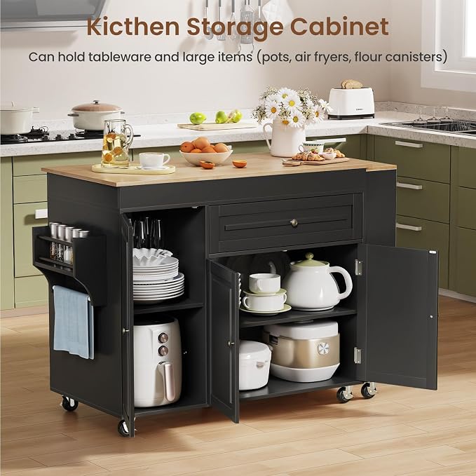 Expandable Kitchen Island with Storage Drawer and Wheels, Black | Rubberwood top expands 48.4"-82.6". Spacious drawer, 2 cabinets, 2 shelves, spice rack & towel bar. Lockable casters.
