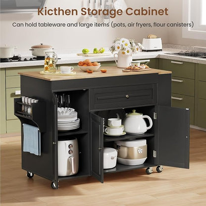 Expandable Kitchen Island with Storage Drawer and Wheels, Black | Rubberwood top expands 48.4"-82.6". Spacious drawer, 2 cabinets, 2 shelves, spice rack & towel bar. Lockable casters.