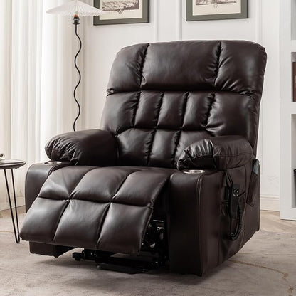 JIKFRIMA Power Lift Recliner Chair for Elderly, Dual Motor Lift Chair with Heat and Massage, Lay Flat Lift Chair for Adults, Cup Holders, Lumbar Pillow, Faux Leather, Reddish Brown