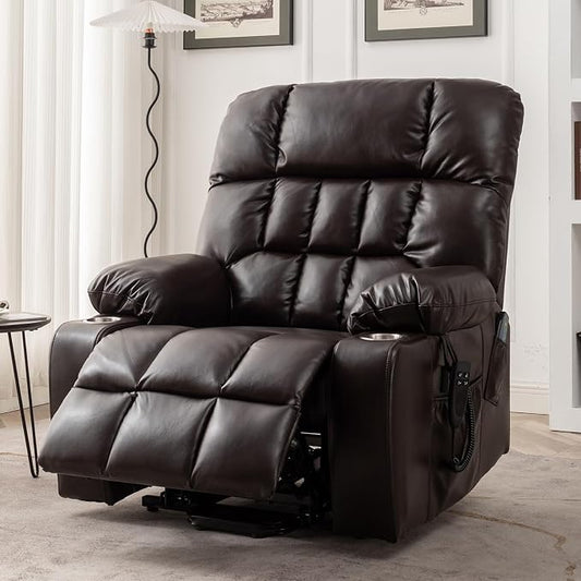 JIKFRIMA Power Lift Recliner Chair for Elderly, Dual Motor Lift Chair with Heat and Massage, Lay Flat Lift Chair for Adults, Cup Holders, Lumbar Pillow, Faux Leather, Reddish Brown