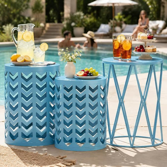 Nesting Side Table Set of 3 Decorative Round Garden Stools for Indoor Outdoor Heavy Duty Metal Frame Side Table Nightstands Modern End Table Plant Stand, Light Blue