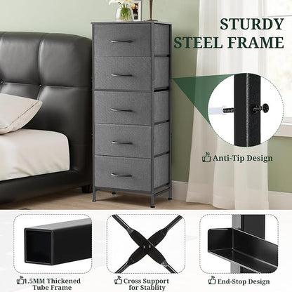 5 Drawers Dresser for Bedroom, Fabric Storage Tower Organizer with Wooden Top and Steel Frame, Tall Chest of Drawers for Closet, Entryway, Dorm, Gray