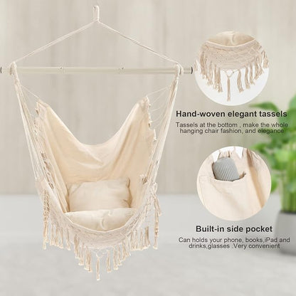 Hammock Chair, Hanging Rope Swing Seat with 2 Cushions,Macrame Hanging Chair Side Pocket with High Load-Bearing Metal Rod,for Indoor, Outdoor, Extra Comfortable