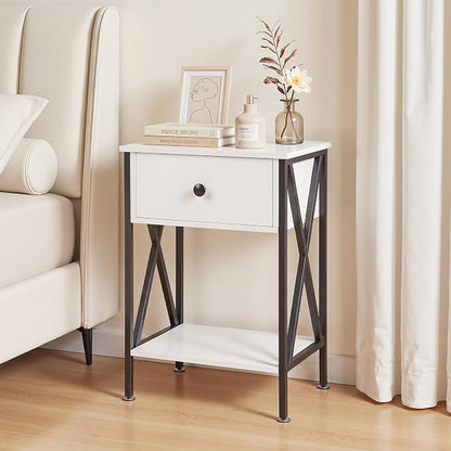 VECELO Nightstand,Modern Bedside End Table, Night Stand with Drawer and Storage Shelf for Living Room Bedroom, Industrial Metal Frame