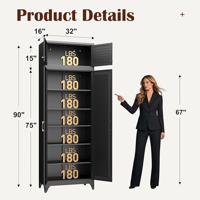 SteeLoong Kitchen Pantry Cabinet,90" Metal Storage Cabinet with Doors and 5 Adjustable Shelves,Black Tall Locker Organizer Steel Garage Cabinets for Tool,File Cabinet for Office,Kitchen,Garage,School