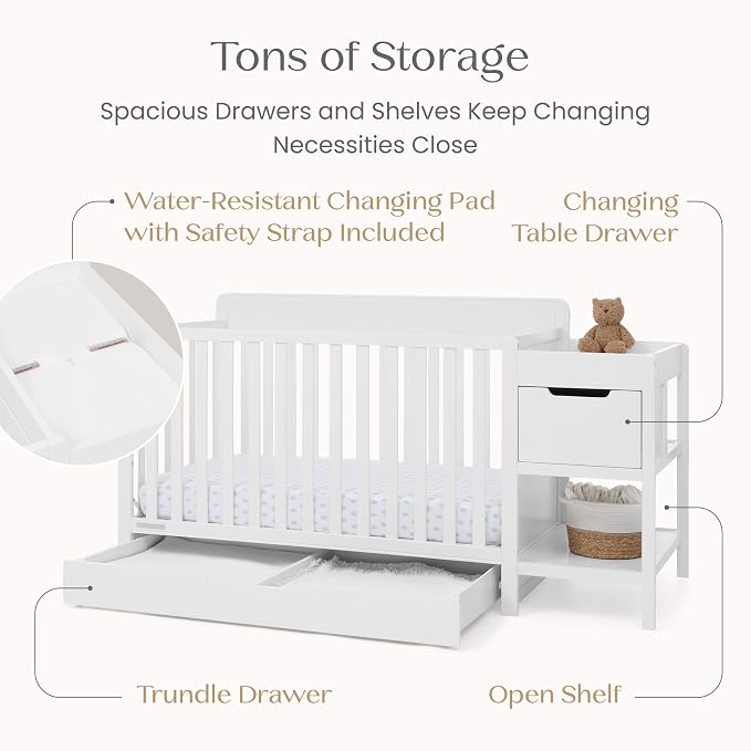 Delta Children Maya 5-in-1 Convertible Crib and Changer with Storage, Converts to Toddler Bed, Daybed, Sofa & Full Bed, Greenguard Gold Certified, 3 Mattress Heights for Baby, Bianca White
