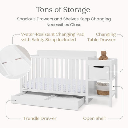 Delta Children Maya 5-in-1 Convertible Crib and Changer with Storage, Converts to Toddler Bed, Daybed, Sofa & Full Bed, Greenguard Gold Certified, 3 Mattress Heights for Baby, Bianca White