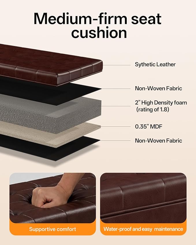 ABHENG Synthetic Leather Metal Frame Storage Ottoman Bench end of Bed Bench with Legs 43.5”W x 15.7”D x 15.7”H Hold up to 770 LB Large Storage Chest Brown UASND624R