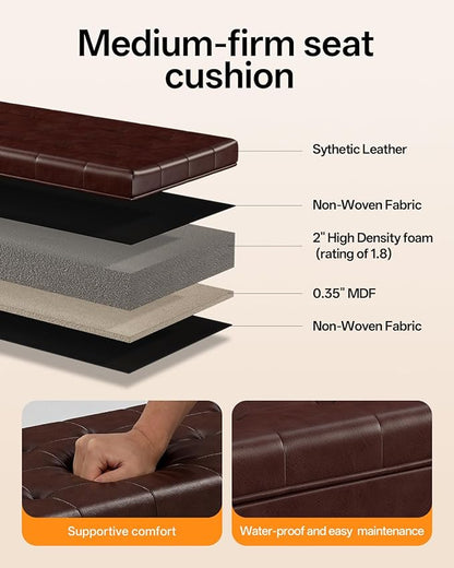 ABHENG Synthetic Leather Metal Frame Storage Ottoman Bench end of Bed Bench with Legs 43.5”W x 15.7”D x 15.7”H Hold up to 770 LB Large Storage Chest Brown UASND624R