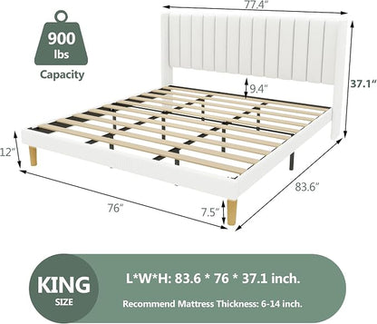 alazyhome Platform Bed Frame King Size with Upholstered Headboard, Solid Wood Slats Support, No Box Spring Needed, Noise Free, Easy Assembly, Modern Fabric Bed, White
