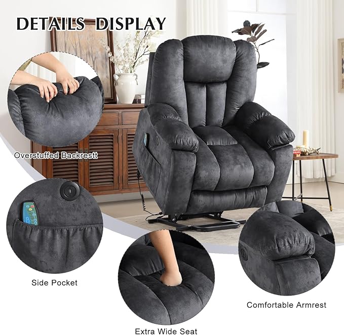 CANMOV Large Power Lift Recliner Chair with Massage, Heat, and USB for Elderly, Overstuffed Wide Recliners, Heavy Duty and Safety Motion Reclining Mechanism, Gray