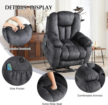 CANMOV Large Power Lift Recliner Chair with Massage, Heat, and USB for Elderly, Overstuffed Wide Recliners, Heavy Duty and Safety Motion Reclining Mechanism, Gray