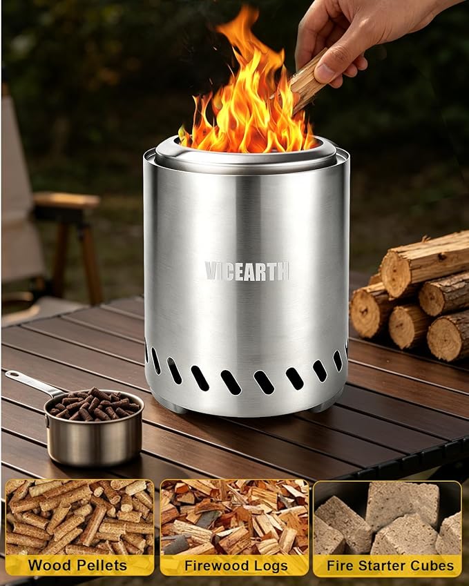 Tabletop Fire Pit 9.7 x 7.1 In, Portable Smokeless Mini Fire Pit for Patio & Camping, Stainless Steel Table Top Firepit for Wood Pellets, with Heat-Resistant Mat, Travel Bag & Roasting Sticks