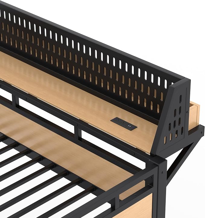 Bellemave Bunk Bed Full Over Full，Metal Bunk beds with Storage Shelves USB Ports and LED Lights, Natural