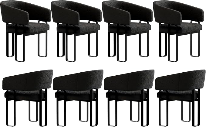 Modern Barrel Dining Chair, Black Boucle Kitchen Chair with U-Shaped Stainless Steel Legs, Armchair with Open Back for Living Room Bedroom Makeup Room, Set of 8