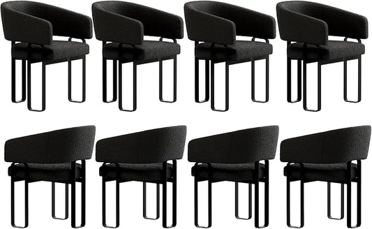 Modern Barrel Dining Chair, Black Boucle Kitchen Chair with U-Shaped Stainless Steel Legs, Armchair with Open Back for Living Room Bedroom Makeup Room, Set of 8