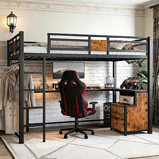 Bellemave Twin XL Loft Bed with Desk & Storage Fabric Drawers & Shelves, Metal Loft Bed Twin Size for Adults & Teens, Twin Loft Bed Frame for Apartments & Dorm, No Box Spring Needed, Black