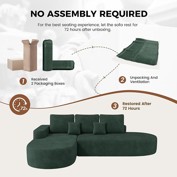 112" Modular Curved Sofa, Oversized Couches for Living Room, Modern Cloud Couch with Deep Seat, Corduroy Foam Couch, No Assembly Required, Dark Green, 1PCS