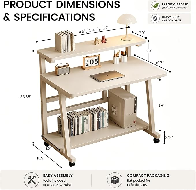 47.2 Inch Compact Rolling Computer Desk with Tier Worktable & Lockable Wheels, Small Computer Desk, Small Desk for Bedroom, Mobile Writing Workstation Easy Assembly for Home Office Small Spaces