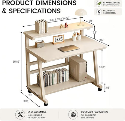39.4 Inch Compact Rolling Computer Desk with Tier Worktable & Lockable Wheels, Small Computer Desk, Small Desk for Bedroom, Mobile Writing Workstation Easy Assembly for Home Office Small Spaces
