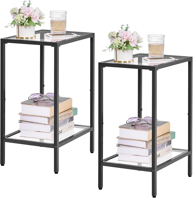 HOMSHO Side Tables Set of 2, End Tables with Tempered Glass, 2-Tier Nightstands with Storage Shelves, Coffee Table with Modern Style, Slim Sofa Table for Living Room, Bedroom, 11.8" D x 15" W, Black