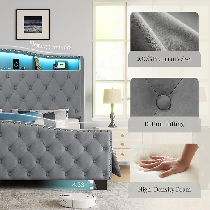 Belffin King Size Bed Frame and Headboard, 50.9" Velvet Upholstered Wingback Bedframe with LED Lights & Storage/Charging Station, Button Tufted Tall Footboard, No Box Spring Needed, Noise-Free, Grey