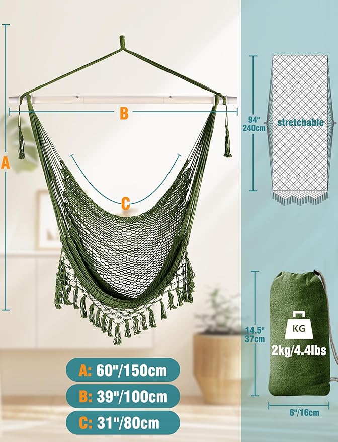 Chihee Hammock Chair Handmade Hanging Chair Cotton Rope Woven Hanging Seat Soft-Spun Large Stretch Hammock Swing, Collapsible Strong Metal Spreader Bar Elegant Macrame Comfort Indoor Outdoor Garden