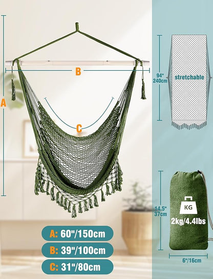 Chihee Hammock Chair Handmade Hanging Chair Cotton Rope Woven Hanging Seat Soft-Spun Large Stretch Hammock Swing, Collapsible Strong Metal Spreader Bar Elegant Macrame Comfort Indoor Outdoor Garden