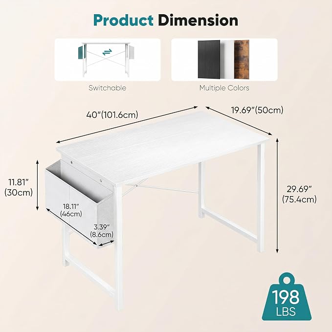 OLIXIS Small Computer Desk, 40 Inch Home Office Desks, Writing Study Craft Work Gaming Table, Computer Workstation for Bedroom Small Spaces with Storage Bag, All White