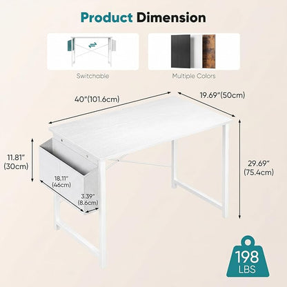 OLIXIS Small Computer Desk, 40 Inch Home Office Desks, Writing Study Craft Work Gaming Table, Computer Workstation for Bedroom Small Spaces with Storage Bag, All White