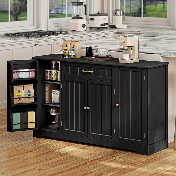 Gizoon 56" Kitchen Coffee Bar Cabinet with Storage Kitchen Sideboard Buffet Cabinet with Drawers, Short Pantry with Door and Shelves for Bathroom and Living Room, Black