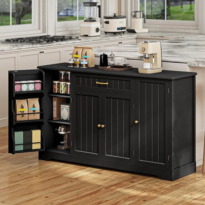 Gizoon 56" Kitchen Coffee Bar Cabinet with Storage Kitchen Sideboard Buffet Cabinet with Drawers, Short Pantry with Door and Shelves for Bathroom and Living Room, Black