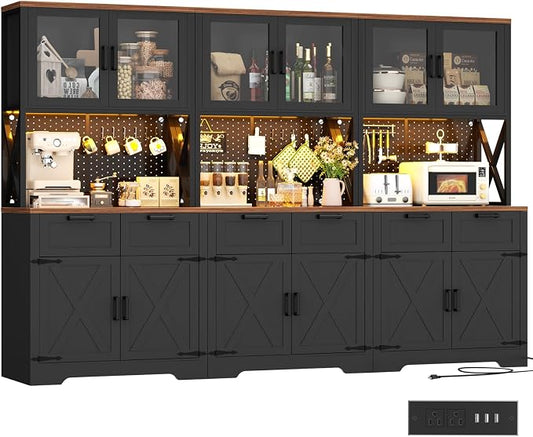 Unikito 94.5" Wide Kitchen Pantry Cabinet with 3 Power Outlets & LED Light, 71" Tall Large Kitchen Hutch with Countertop, DIY Pegboard with 18 Hooks & 6 Drawers, Farmhouse Food Pantry, Rustic Black