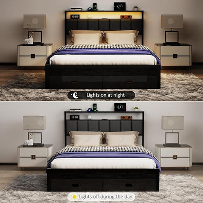 Full Bed Frames with Storage Drawer, Platform Bed with Charging Station and LED Lights, Upholstered Headboard with 2-Tier Storage Shelves, No Box Spring Needed