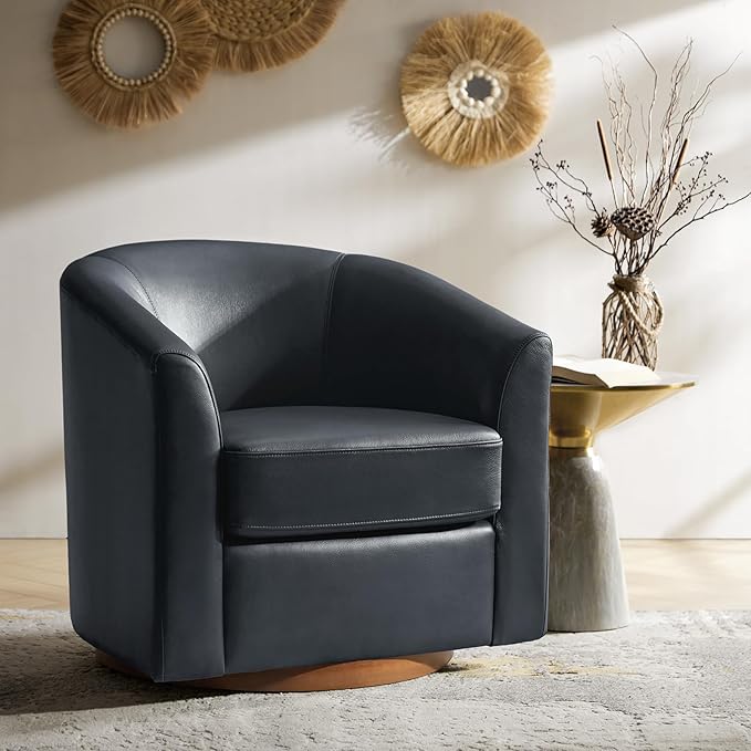 HULALA HOME Genuine Leather Swivel Barrel Chair, Round Swivel Accent Chair with Solid Wood Base, No Assembly Required, Navy