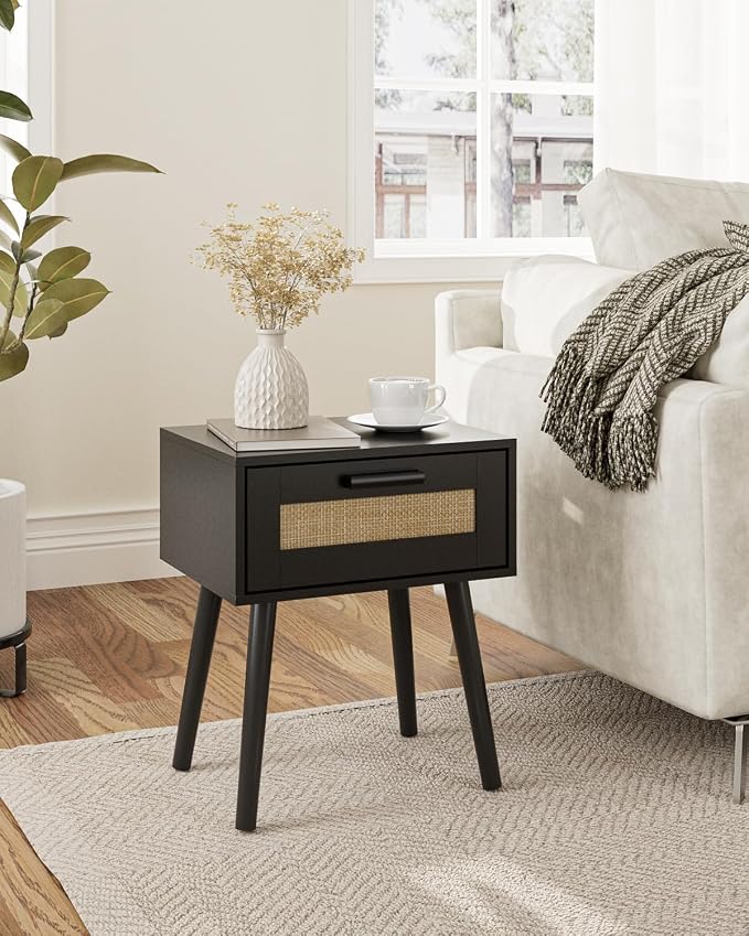 Aienvey Bedroom Nightstands Wooden Night Stands with Rattan Weaving Drawer Home Bedside End Table for Bedroom Storage (Bohemian-Black)
