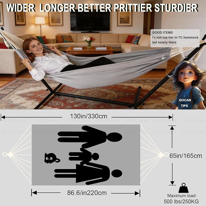 GOCAN Large Outdoor Hammock, Extra Long 2 Person Replacement Cotton Canvas Hammock Compatible with Hammock Stand, 500 Lbs Weight Capacity（Grey）