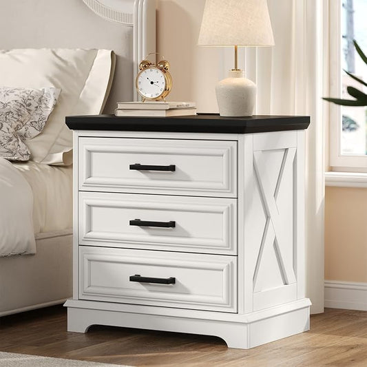 knoworld 24 Inch Wide Farmhouse Nightstands Set of 2 with Charging Station, White Nightstand with 3 Large Drawers, Rustic Wood End Table for Bedroom