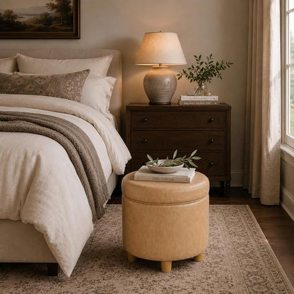 HomePop 19" Round Storage Ottoman - Sand Faux Leather