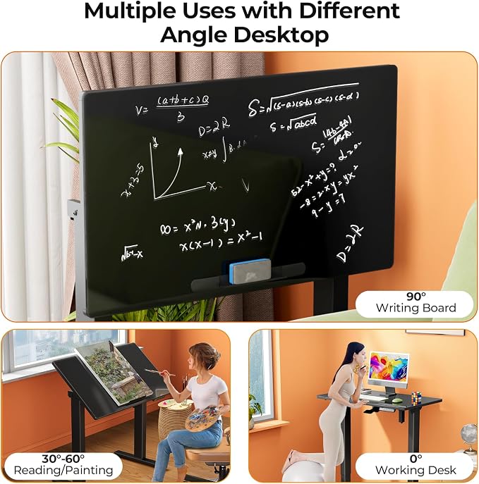 35" Black Glass Standing Desk, 90° Tilt Drafting Table on Wheels | Electric Height Adjustable Foldable One-piece Art Rising Desk, Small Mobile Sit Stand Laptop Cart with 4 Lockable Casters